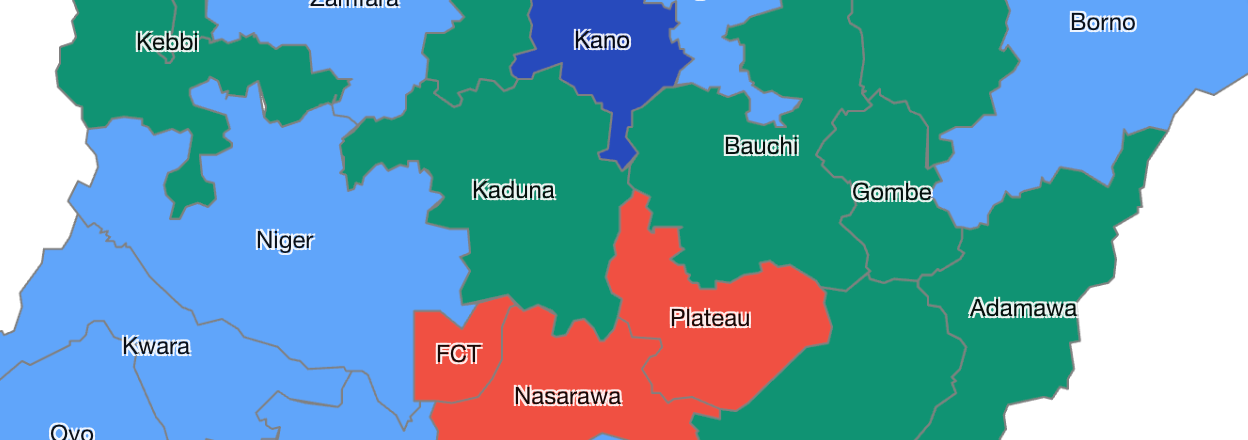 A choropleth map of Nigerian states shaded by election results