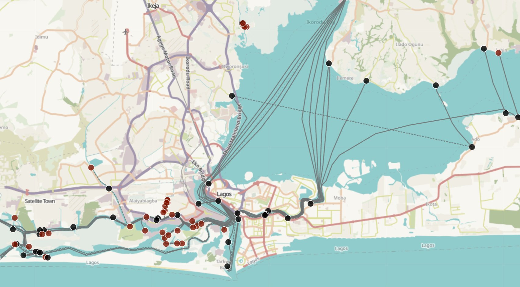 A map of Lagos showing every ferry route and terminal across the lagoon